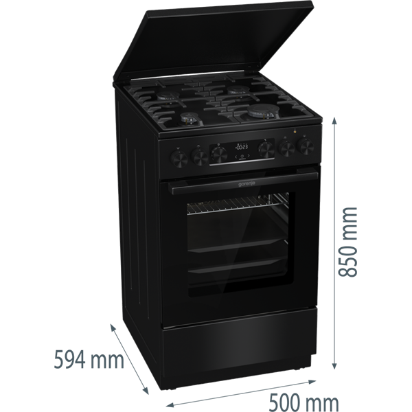 Gorenje MEKS5141BM fekete, szabadonálló, gáz, kombinált, főzőzóna: 4, sütő:70L, grill, tűzhely