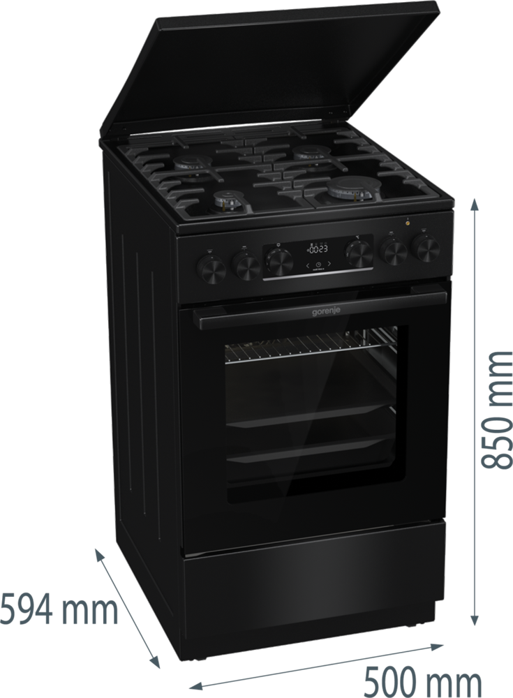 Gorenje MEKS5141BM fekete, szabadonálló, gáz, kombinált, főzőzóna: 4, sütő:70L, grill, tűzhely