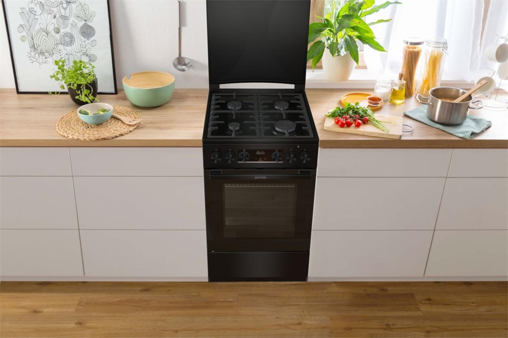 Gorenje MEKS5141BM fekete, szabadonálló, gáz, kombinált, főzőzóna: 4, sütő:70L, grill, tűzhely