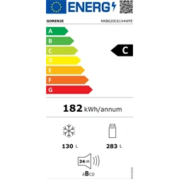 Gorenje NRB620C61X4WFE inox, alulfagyasztós, Hűtő:253L, Fagyasztó:130L, hűtőszekrény