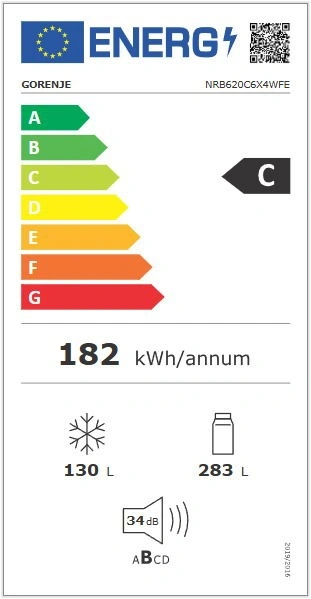 Gorenje NRB620C6X4WFE inox, alulfagyasztós, Hűtő: 253L, Fagyasztó:130L, hűtőszekrény
