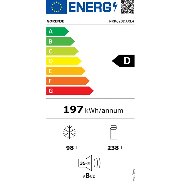 Gorenje NRK620DAXL4 inox, alulfagyasztós, Hűtő:238L, Fagyasztó:98L, hűtőszekrény