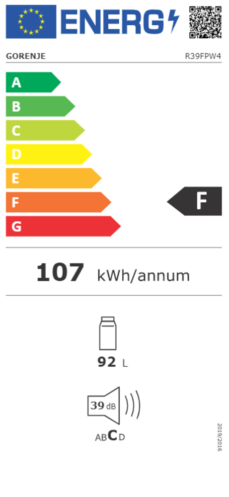 Gorenje R39FPW4 fehér, egyajtós, Hűtő:92L, hűtőszekrény