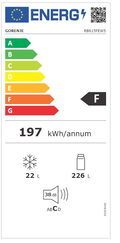 Gorenje RB615FEW5 fehér, egyajtós, Hűtő:226L, Fagyasztó:22L, FrostLess hűtőszekrény