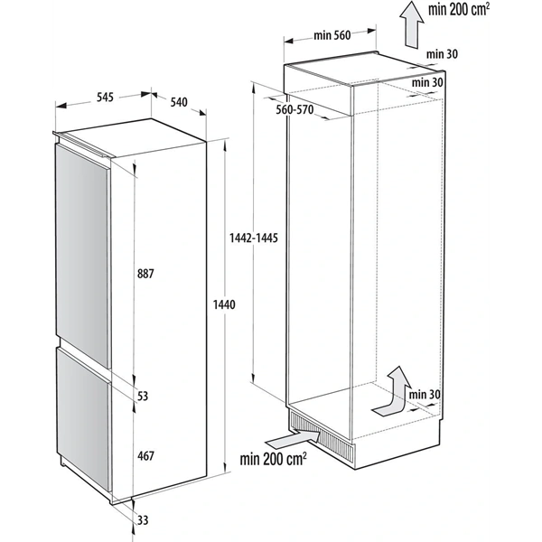 Gorenje RKI514E21 beépíthető, alulfagyasztós, Hűtő:160L, Fagyasztó:48L, hűtőszekrény