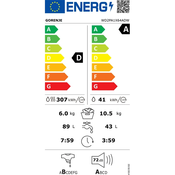 Gorenje WD2PA1X64ADW fehér, max.1400.ford, 10,5/6kg, mosó-szárítógép
