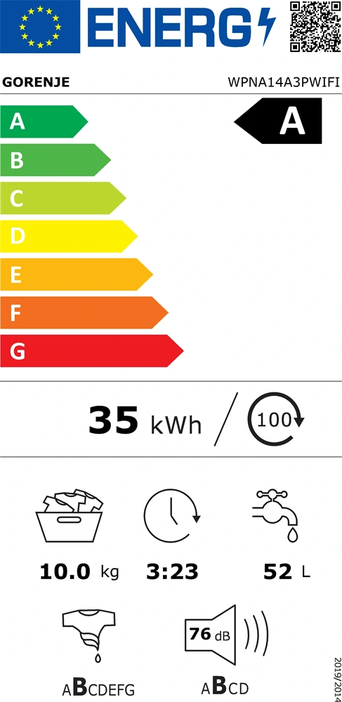 Gorenje WPNA14A3PWIFI fehér, elöltöltős, max.1400ford., 10kg, mosógép