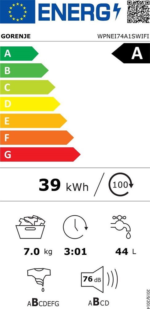 Gorenje WPNEI74A1SWIFI fehér, elöltöltős, max1400ford., 7kg, mosógép (Újszerű)