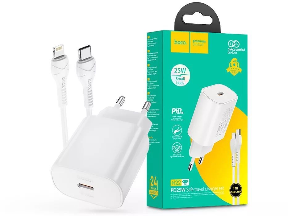 HOCO HC600682 25W PD + QC Type-C fehér hálózati töltő adapter + 1m Type-C to Lightning kábel