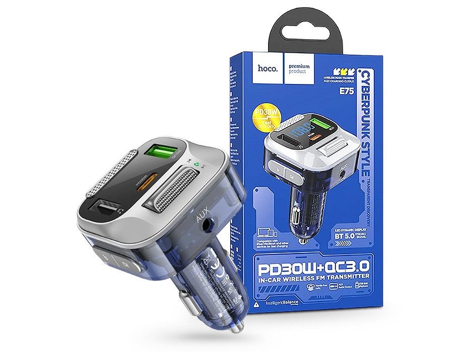 HOCO HOC0335 ezüst Bluetooth FM-transmitter/szivargyújtó töltő - 2xUSB + AUX + MP3 + PD30W + QC 3.0