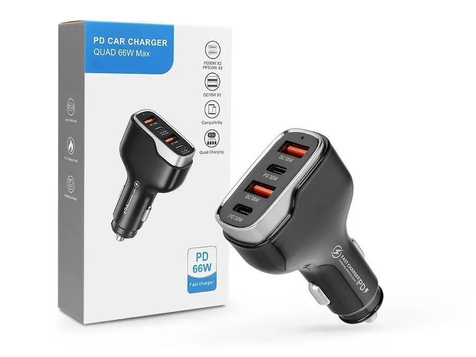 Haffner HF227301 66W 2xUSB C/2xUSB fekete szivargyújtós töltő adapter