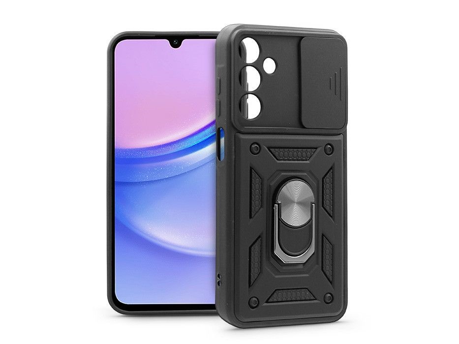 Haffner HF258787 Samsung Galaxy A15 4G/A15 5G Slide Armor fekete ütésálló hátlap gyűrűvel és kameravédővel