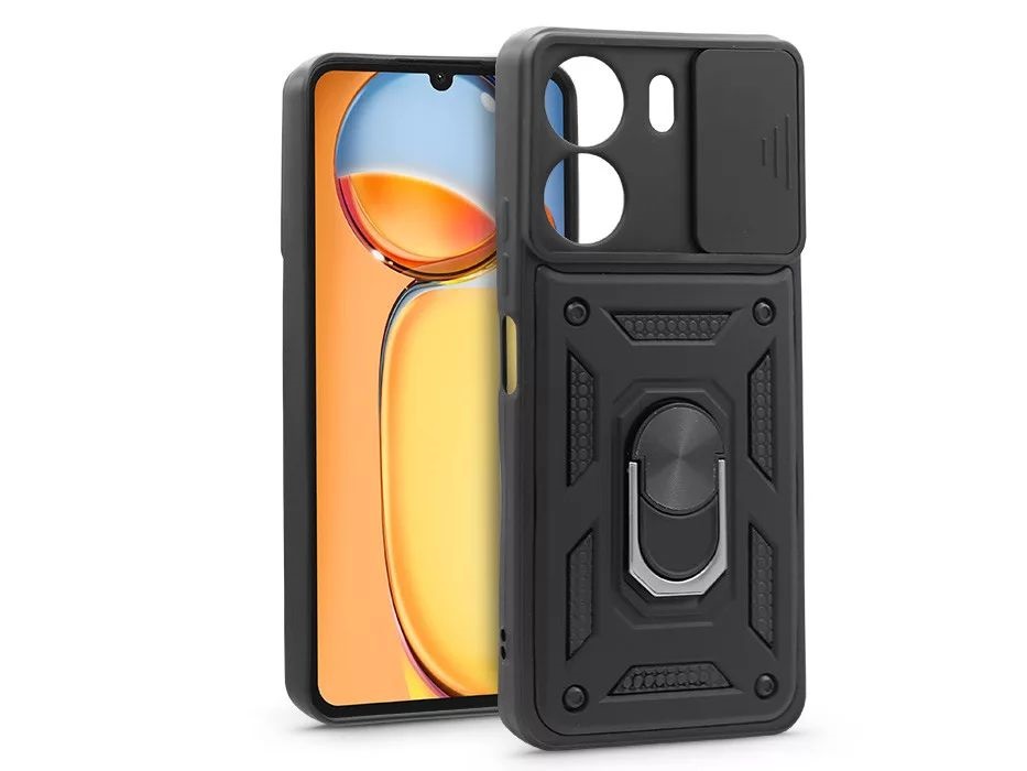 Haffner HF262951 Xiaomi Redmi 13C Slide Armor fekete ütésálló hátlap gyűrűvel és kameravédővel