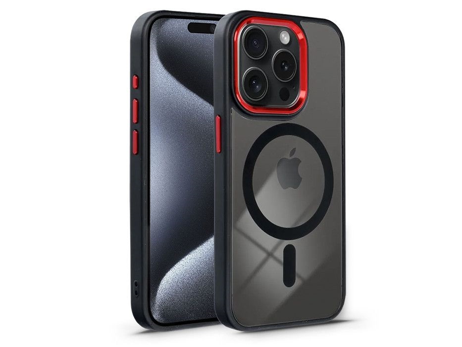 Haffner PT-6838 Apple iPhone 15 Pro Max Edge Mag Cover fekete/piros/átlátszó szilikon hátlap