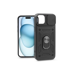 Haffner PT-6864 Apple iPhone 15 Slide Armor fekete ütésálló hátlap gyűrűvel és kameravédővel