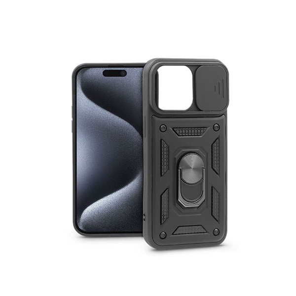Haffner PT-6865 Apple iPhone 15 Pro Slide Armor fekete ütésálló hátlap gyűrűvel és kameravédővel