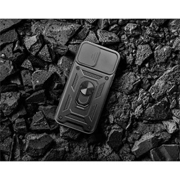 Haffner PT-6865 Apple iPhone 15 Pro Slide Armor fekete ütésálló hátlap gyűrűvel és kameravédővel