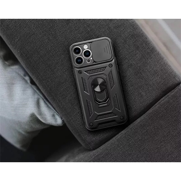 Haffner PT-6865 Apple iPhone 15 Pro Slide Armor fekete ütésálló hátlap gyűrűvel és kameravédővel