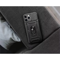 Haffner PT-6865 Apple iPhone 15 Pro Slide Armor fekete ütésálló hátlap gyűrűvel és kameravédővel