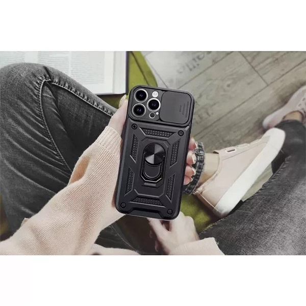 Haffner PT-6865 Apple iPhone 15 Pro Slide Armor fekete ütésálló hátlap gyűrűvel és kameravédővel