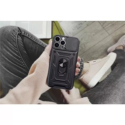 Haffner PT-6865 Apple iPhone 15 Pro Slide Armor fekete ütésálló hátlap gyűrűvel és kameravédővel