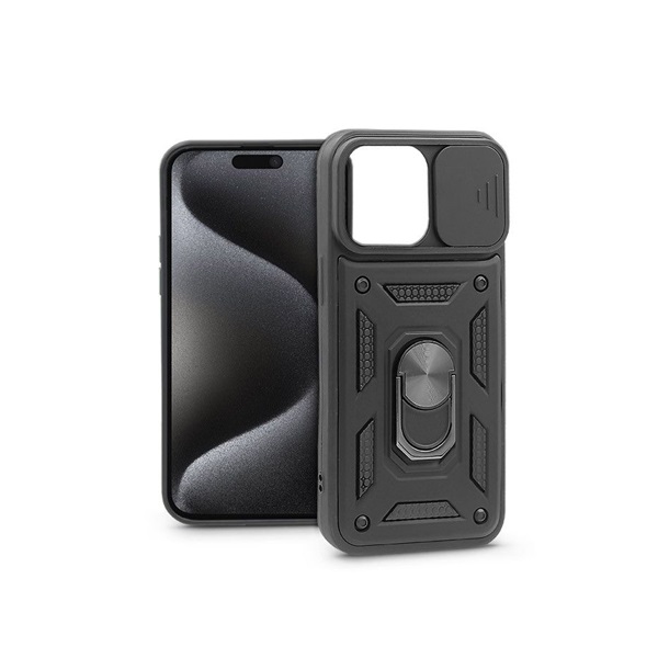 Haffner PT-6866 Apple iPhone 15 Pro Max Slide Armor fekete ütésálló hátlap gyűrűvel és kameravédővel