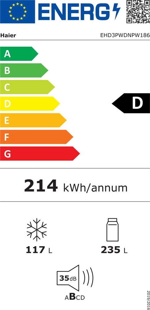 Haier EHD3PWDNPW18 fehér, alulfagyasztós, Hűtő:235L, Fagyasztó:117L, Total No frost hűtőszekrény