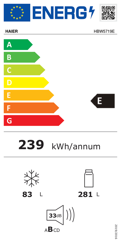 Haier HBW5719E alulfagyasztós, beépíthető, Hűtő:281L, Fagyasztó:83L, No frost hűtőszekrény