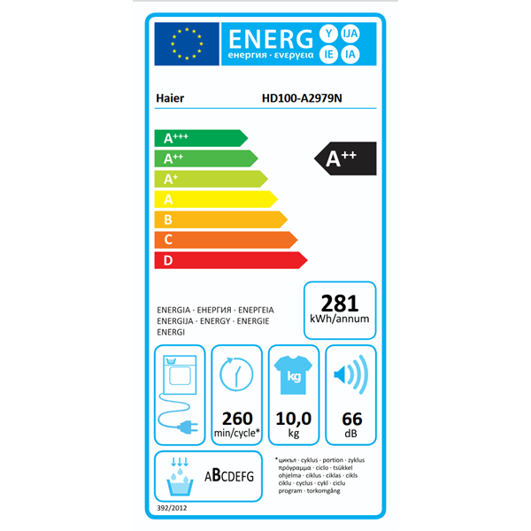 Haier HD100-A2979N-S fehér, 10 kg, hőszivattyús, szárítógép