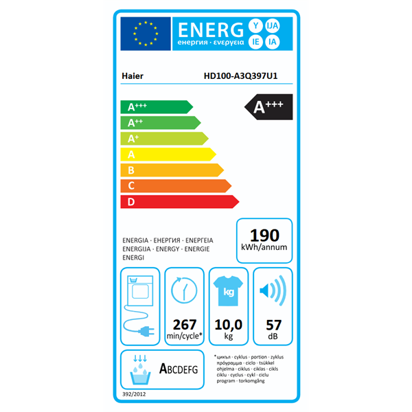 Haier HD100-A3Q397U1-S fehér, 10 kg, hőszivattyús, szárítógép
