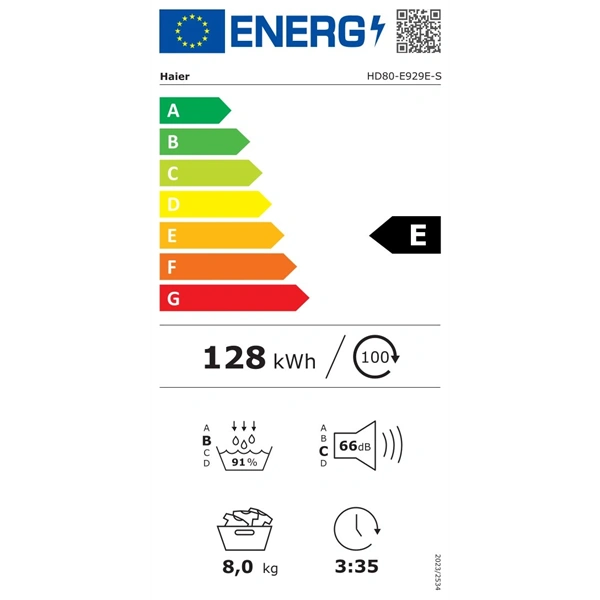 Haier HD80-E929E-S fehér-fekete, 8kg, hőszivattyús szárítógép (Újszerű)