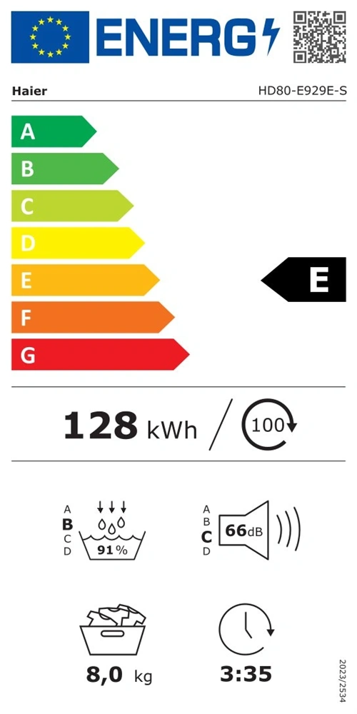 Haier HD80-E929E-S fehér-fekete, 8kg, hőszivattyús szárítógép (Újszerű)