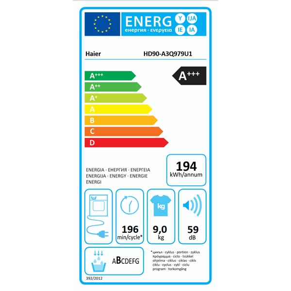 Haier HD90-A3Q979U1-S fehér, 9 kg, hőszivattyús, szárítógép