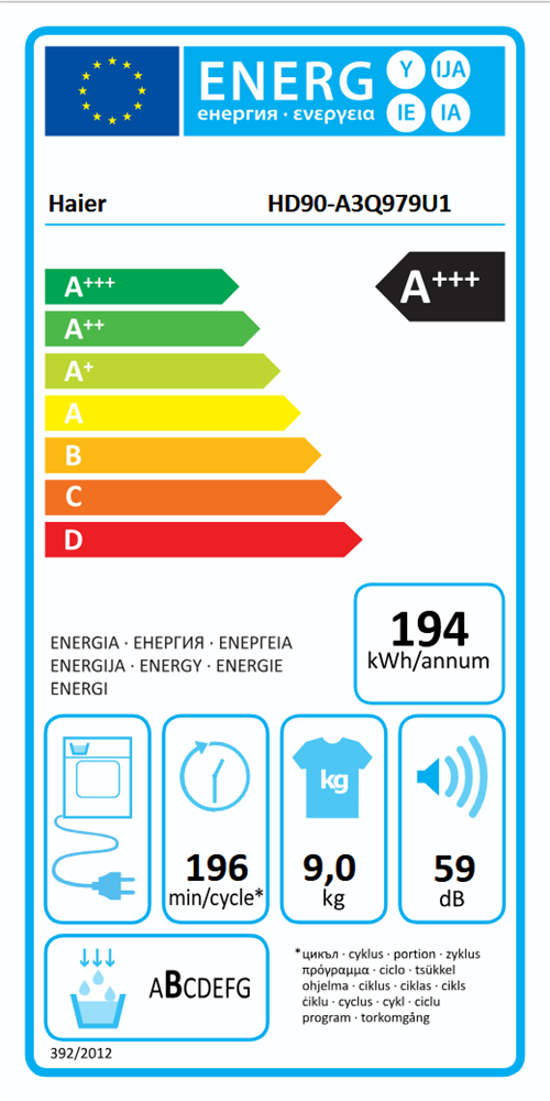 Haier HD90-A3Q979U1-S fehér, 9 kg, hőszivattyús, szárítógép