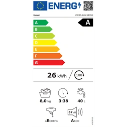 Haier HW80-B14387U1-S fehér, elöltöltős, max.: 1400 ford, 8kg, mosógép