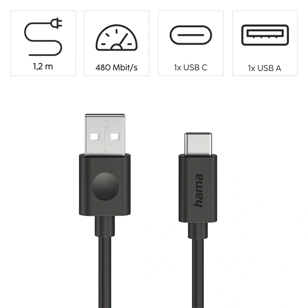 Hama 00086447 1,2m USB-A - USB-C fekete adatkábel