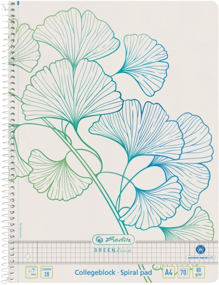 Herlitz GREENline Ginkgo A4 70lapos kockás spirálfüzet