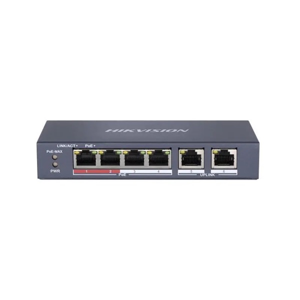 Hikvision DS-3E0106P-E/M 6 portos PoE switch (30 W), 4 PoE+ / 2 uplink port, nem menedzselhető