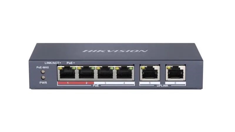 Hikvision DS-3E0106P-E/M 6 portos PoE switch (30 W), 4 PoE+ / 2 uplink port, nem menedzselhető