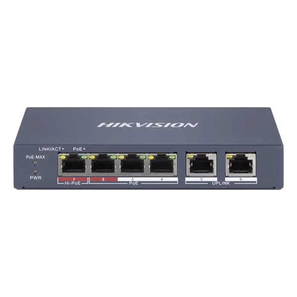 Hikvision DS-3E1106HP-EI 6 portos PoE switch (60 W), 1 HiPoE + 3 PoE+(at) + 2 uplink port, smart menedzselhető