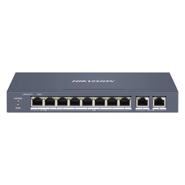 Hikvision DS-3E1310HP-EI 10 portos PoE switch (110 W), 2 HiPoE + 6 PoE+(at) + 2 uplink port, smart menedzselhető