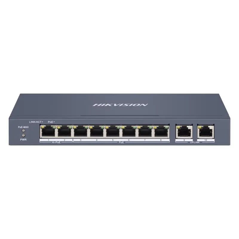 Hikvision DS-3E1310HP-EI 10 portos PoE switch (110 W), 2 HiPoE + 6 PoE+(at) + 2 uplink port, smart menedzselhető