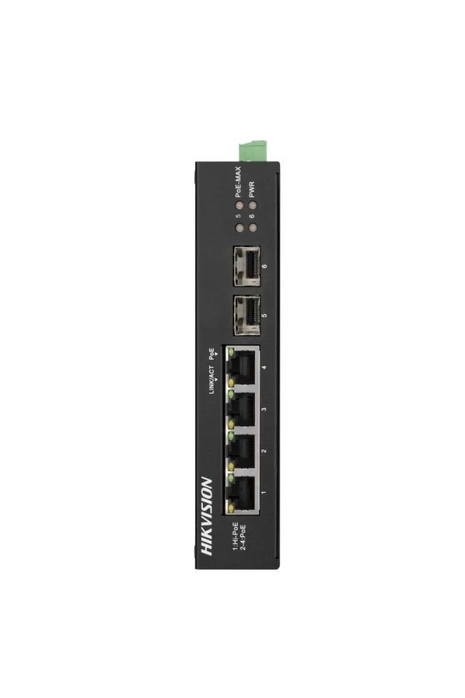 Hikvision DS-3T0506HP-E/HS 6 portos ipari Gbit PoE switch(60 W), 3 PoE+ /1 HiPoe/ 2 SFP uplink port, nem menedzselhető