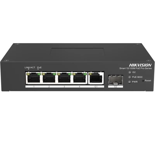 Hikvision DS-3T1306P-SI/HS 6 portos ipari 10/100 PoE switch (60 W), 4 PoE / 1 RJ45 + 1 SFP uplink port, menedzselhető