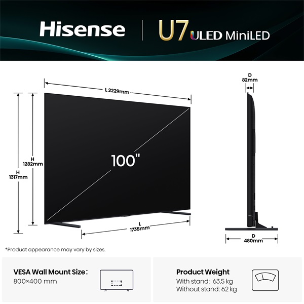 Hisense 100" 100U7Q 4K UHD Smart MiniLED ULED TV