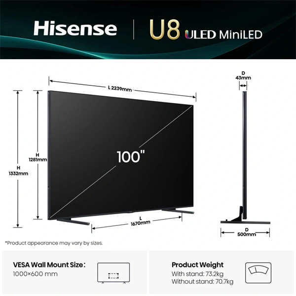 Hisense 100" 100U8Q 4K UHD SMART MINILED TV