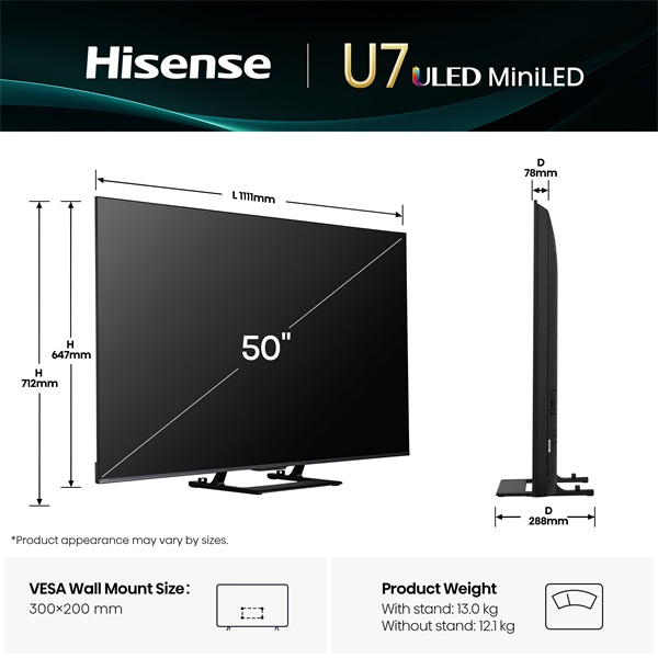 Hisense 50" 50U7Q 4K UHD Smart MiniLED ULED TV (Újracsomagolt)