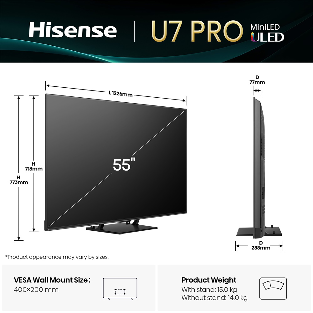 Hisense 55" 55U7QPRO 4K UHD Smart MiniLED ULED TV