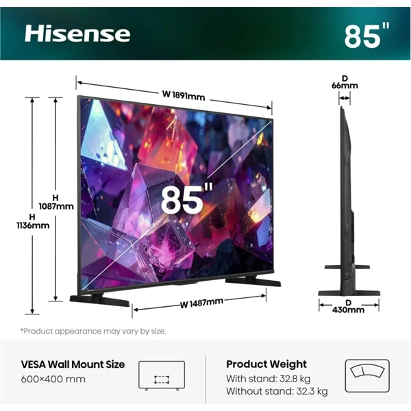 Hisense 85" 85E7S PRO 4K UHD Smart QLED TV