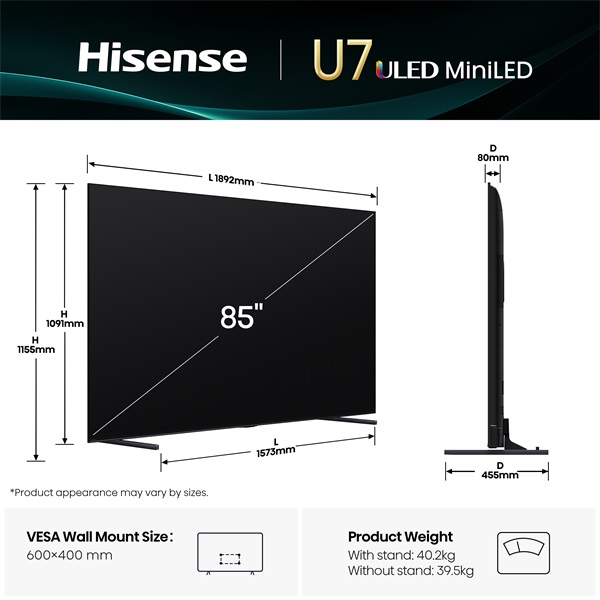 Hisense 85" 85U7Q 4K UHD Smart MiniLED ULED TV